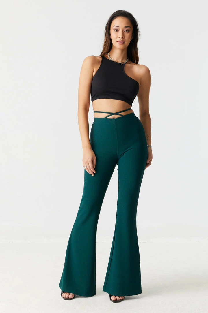 Stitches Ladies Ribbed Cross Front Self-Tie Waist Flare Pant Bottoms 4 Stitches Ladies Ribbed Cross Front Self-Tie Waist Flare Pant Bottoms