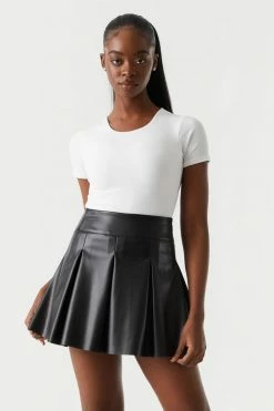 Stitches Ladies Faux-Leather High-Rise Wide Pleated Mini Skirt