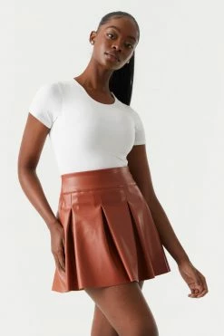 Stitches Ladies Faux-Leather High-Rise Wide Pleated Mini Skirt