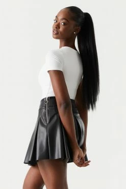 Stitches Ladies Faux-Leather High-Rise Wide Pleated Mini Skirt