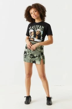 Stitches Ladies Printed Crepe Knit Leg Slit Mini Skirt Bottoms