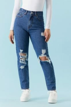 Stitches Ladies Refuge Ultra-High-Rise Dark Wash Distressed Mom Jean