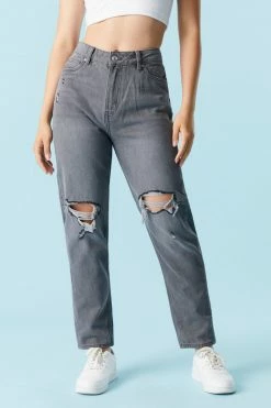 Stitches Ladies Refuge Distressed Gray Wash Mom Jean Refuge Jeans