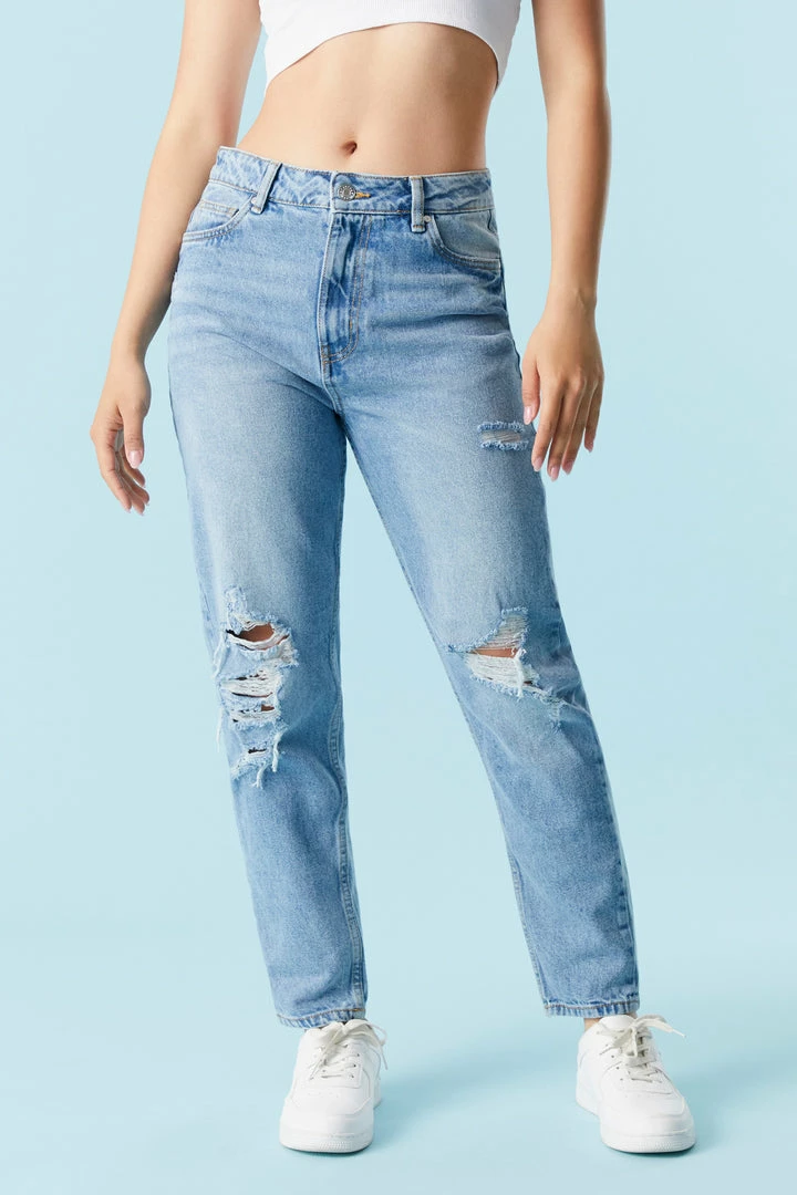 Stitches Ladies Refuge Distressed Light Wash Mom Jean 2 Stitches Ladies Refuge Distressed Light Wash Mom Jean