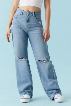 Stitches Ladies Refuge High-Rise Medium Wash Light Distressed Wide Leg Jean