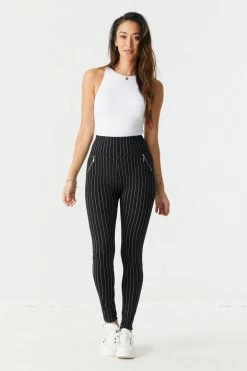 Stitches Ladies Soft Pinstripe High-Rise Zip-Up Pocket Legging Bottoms