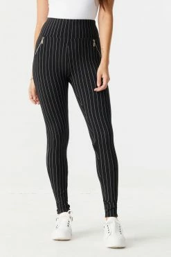 Stitches Ladies Soft Pinstripe High-Rise Zip-Up Pocket Legging Bottoms