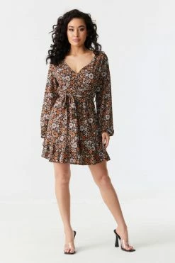 Stitches Ladies Orange Floral Print Ruffled Hem Self-Tie Wrap Dress