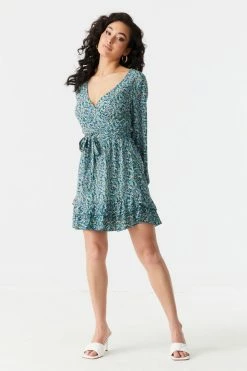 Stitches Ladies Blue Floral Print Ruffled Hem Self-Tie Wrap Dress