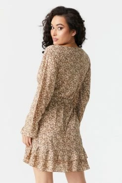 Stitches Ladies Tan Floral Print Ruffled Hem Self-Tie Wrap Dress