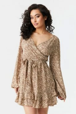 Stitches Ladies Tan Floral Print Ruffled Hem Self-Tie Wrap Dress