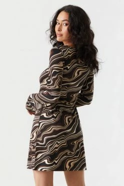 Stitches Ladies Marble Print Long Sleeve O-Ring A-Line Dress