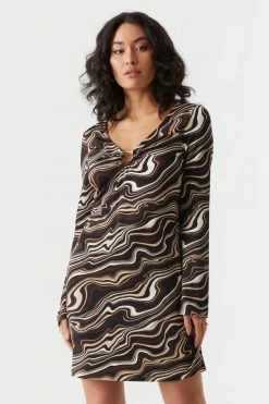 Stitches Ladies Marble Print Long Sleeve O-Ring A-Line Dress