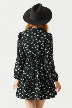 Stitches Ladies Black Floral Print Cinched Waist Shirt Dress