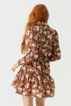 Stitches Ladies Long Sleeve Brown Floral Print Cinched Waist Shirt Dress
