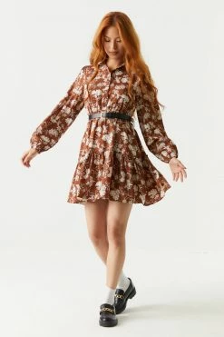 Stitches Ladies Long Sleeve Brown Floral Print Cinched Waist Shirt Dress