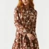 Stitches Ladies Long Sleeve Brown Floral Print Cinched Waist Shirt Dress
