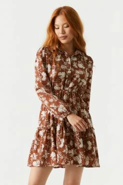 Stitches Ladies Long Sleeve Brown Floral Print Cinched Waist Shirt Dress