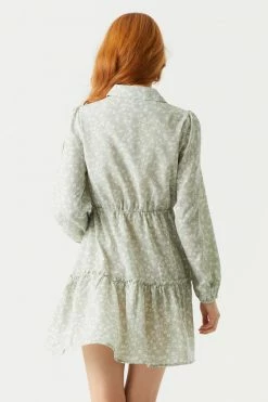 Stitches Ladies Sage Floral Print Cinched Waist Shirt Dress