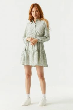 Stitches Ladies Sage Floral Print Cinched Waist Shirt Dress