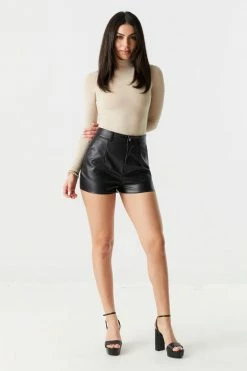 Stitches Ladies Bottoms High-Rise Faux-leather Pleated Mom Short