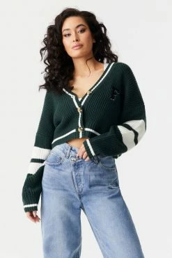 Stitches Ladies F Graphic Varsity Colour Block Cropped Button-Up Cardigan Sweaters