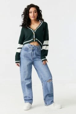 Stitches Ladies F Graphic Varsity Colour Block Cropped Button-Up Cardigan Sweaters