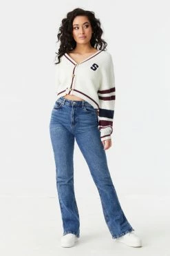 Stitches Ladies Sweaters S Graphic Varsity Colour Block Cropped Button-Up Cardigan