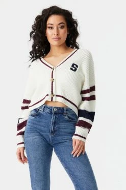 Stitches Ladies Sweaters S Graphic Varsity Colour Block Cropped Button-Up Cardigan