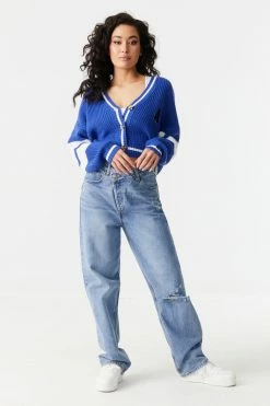 Stitches Ladies A Graphic Varsity Colour Block Cropped Button-Up Cardigan Sweaters