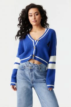 Stitches Ladies A Graphic Varsity Colour Block Cropped Button-Up Cardigan Sweaters