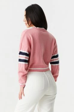 Stitches Ladies Cable Knit Teddy Bear Graphic Varsity Button-Up Cardigan Sweaters