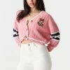 Stitches Ladies Cable Knit Teddy Bear Graphic Varsity Button-Up Cardigan Sweaters