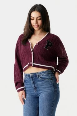Stitches Ladies Sweaters Cable Knit P Graphic Varsity Button-Up Cardigan