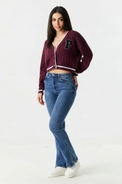 Stitches Ladies Sweaters Cable Knit P Graphic Varsity Button-Up Cardigan