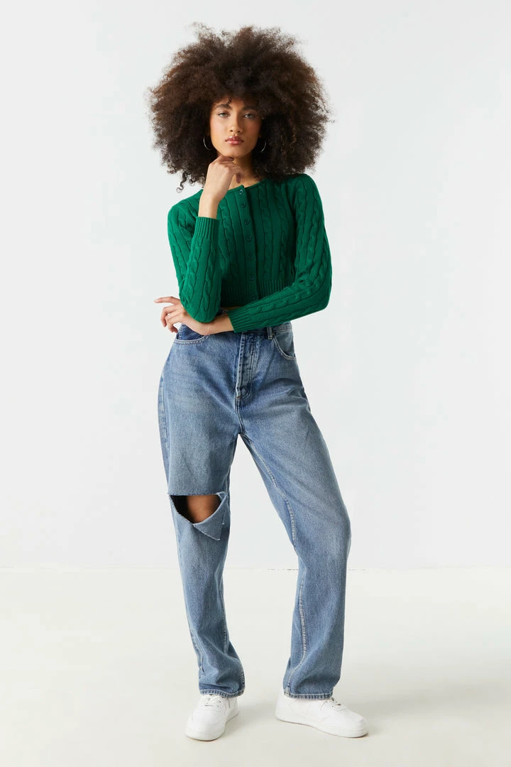 Stitches Ladies Cable Knit Button-Up Cropped Cardigan 3 Stitches Ladies Cable Knit Button-Up Cropped Cardigan