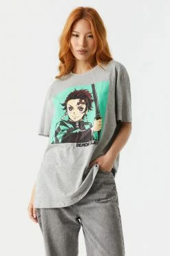 Stitches Ladies Grey Demon Slayer Graphic Oversized T-Shirt