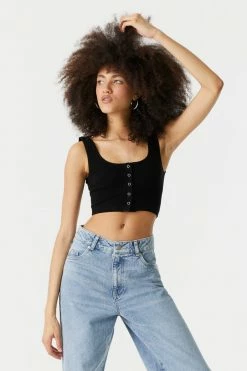 Stitches Ladies Ribbed Seamless Button-Up Cropped Tank Top Tops