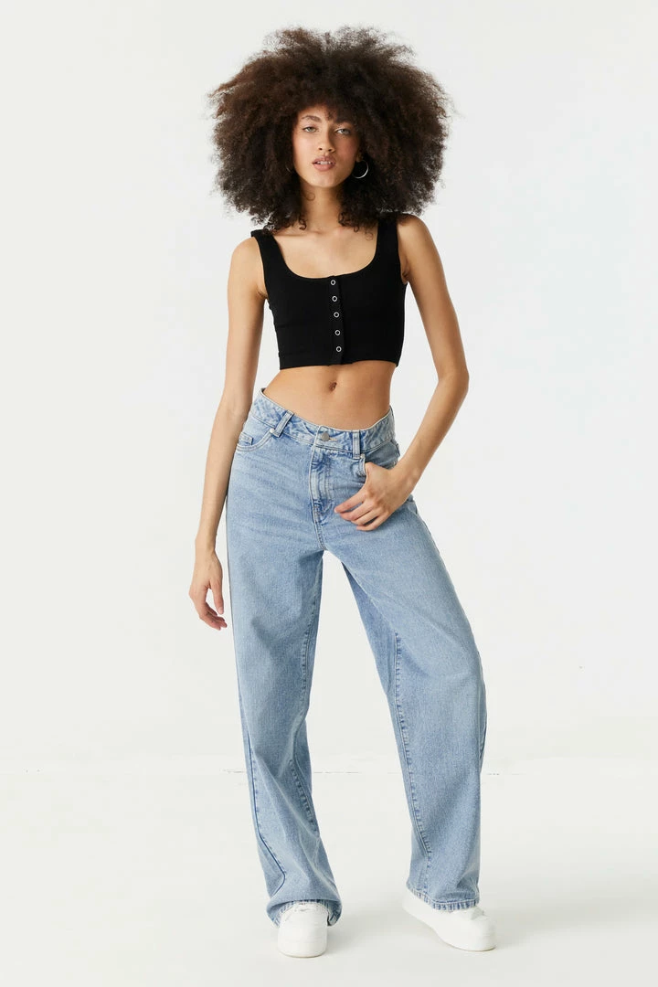 Stitches Ladies Ribbed Seamless Button-Up Cropped Tank Top Tops 3 Stitches Ladies Ribbed Seamless Button-Up Cropped Tank Top Tops