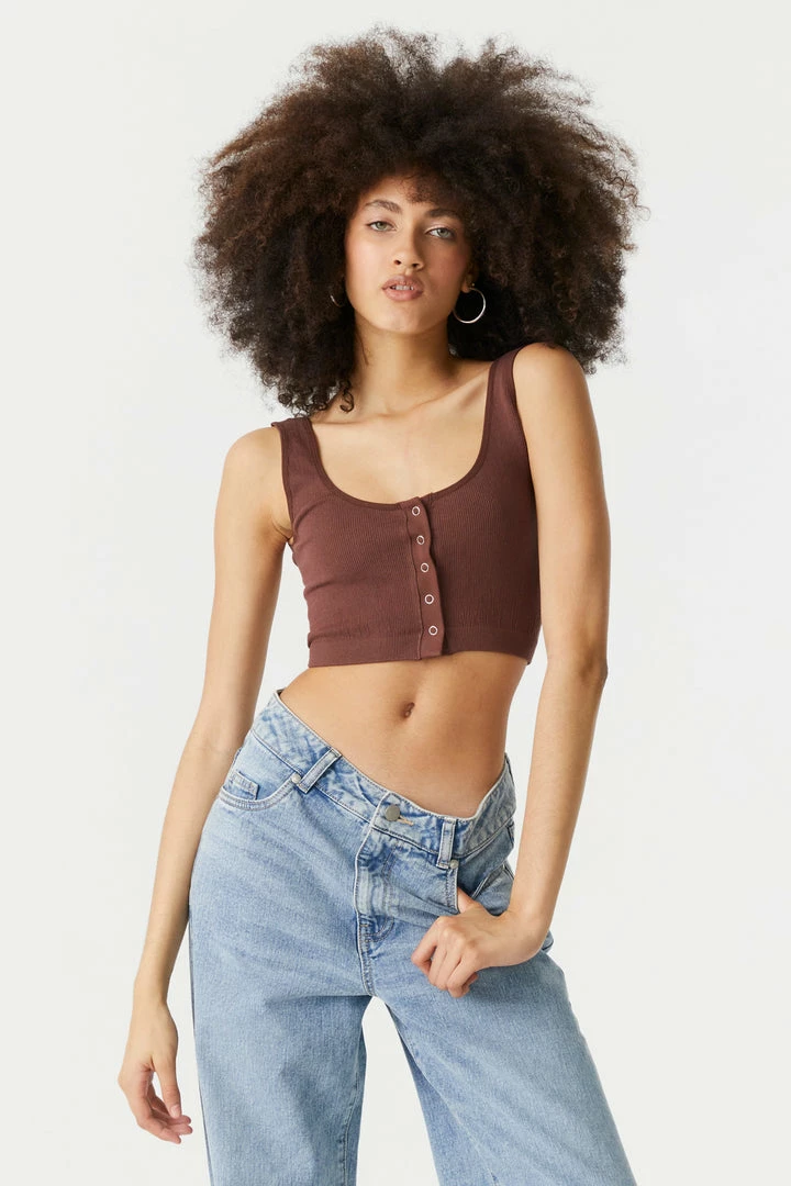 Stitches Ladies Ribbed Seamless Button-Up Cropped Tank Top Tops 7 Stitches Ladies Ribbed Seamless Button-Up Cropped Tank Top Tops