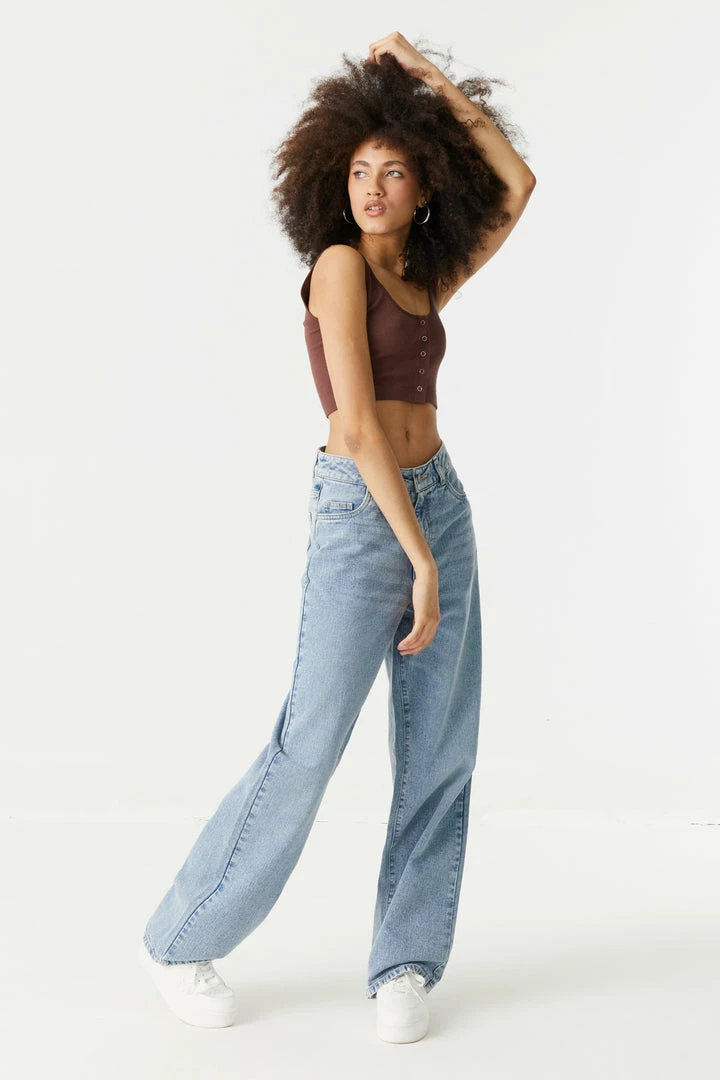 Stitches Ladies Ribbed Seamless Button-Up Cropped Tank Top Tops 9 Stitches Ladies Ribbed Seamless Button-Up Cropped Tank Top Tops