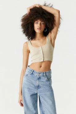 Stitches Ladies Ribbed Seamless Button-Up Cropped Tank Top Tops 30 Stitches Ladies Ribbed Seamless Button-Up Cropped Tank Top Tops