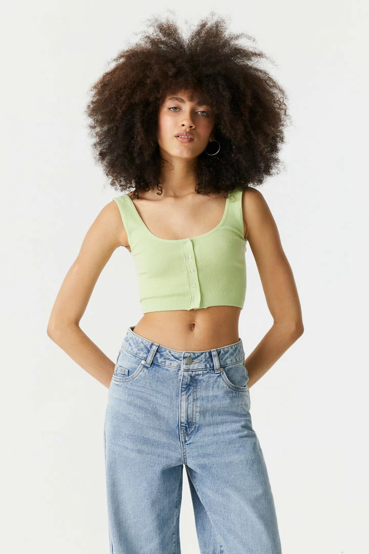 Stitches Ladies Ribbed Seamless Button-Up Cropped Tank Top Tops 13 Stitches Ladies Ribbed Seamless Button-Up Cropped Tank Top Tops