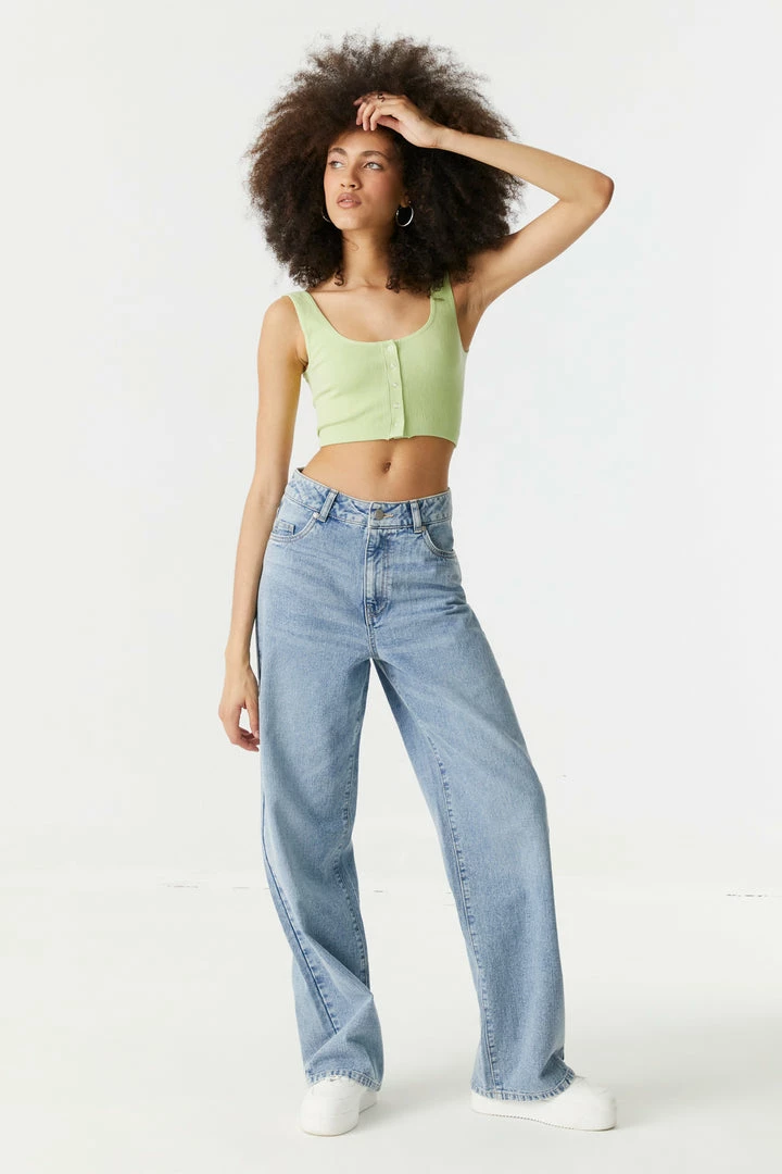 Stitches Ladies Ribbed Seamless Button-Up Cropped Tank Top Tops 15 Stitches Ladies Ribbed Seamless Button-Up Cropped Tank Top Tops