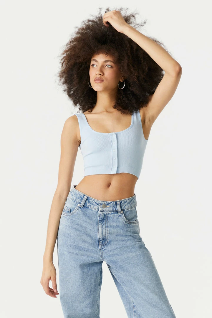 Stitches Ladies Ribbed Seamless Button-Up Cropped Tank Top Tops 16 Stitches Ladies Ribbed Seamless Button-Up Cropped Tank Top Tops