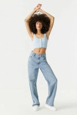 Stitches Ladies Ribbed Seamless Button-Up Cropped Tank Top Tops 38 Stitches Ladies Ribbed Seamless Button-Up Cropped Tank Top Tops