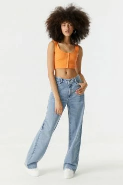 Stitches Ladies Ribbed Seamless Button-Up Cropped Tank Top Tops 41 Stitches Ladies Ribbed Seamless Button-Up Cropped Tank Top Tops