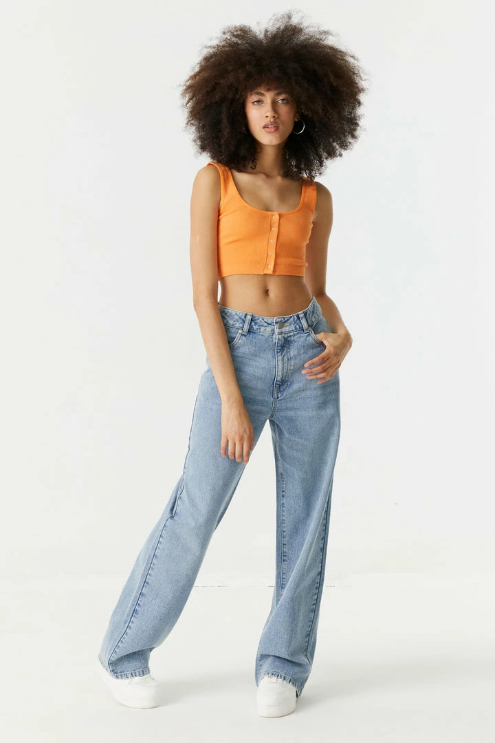 Stitches Ladies Ribbed Seamless Button-Up Cropped Tank Top Tops 21 Stitches Ladies Ribbed Seamless Button-Up Cropped Tank Top Tops