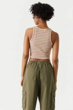 Stitches Ladies Ribbed Striped High Neck Cropped Tank Top Tops