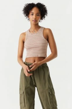 Stitches Ladies Ribbed Striped High Neck Cropped Tank Top Tops